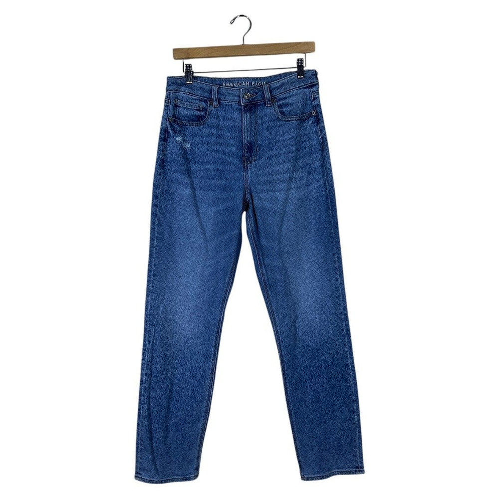 American Eagle Mom Jean Solid Denim Pants 90s High Rise Distressed Size 8 Long